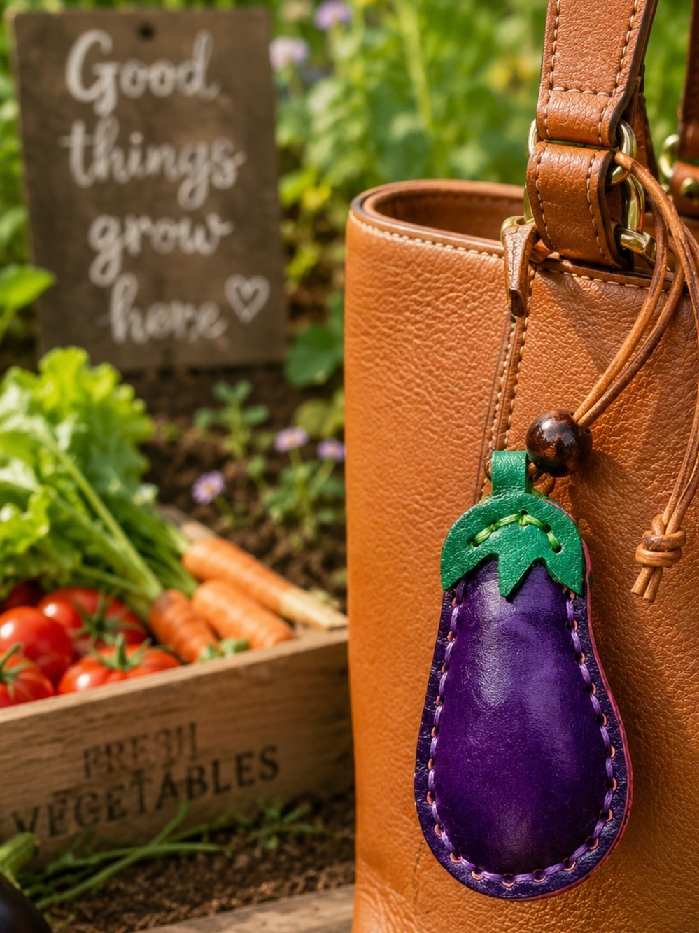 Eggplant Bag Charm Keychain Purple Faux Leather Funny Novelty Gift